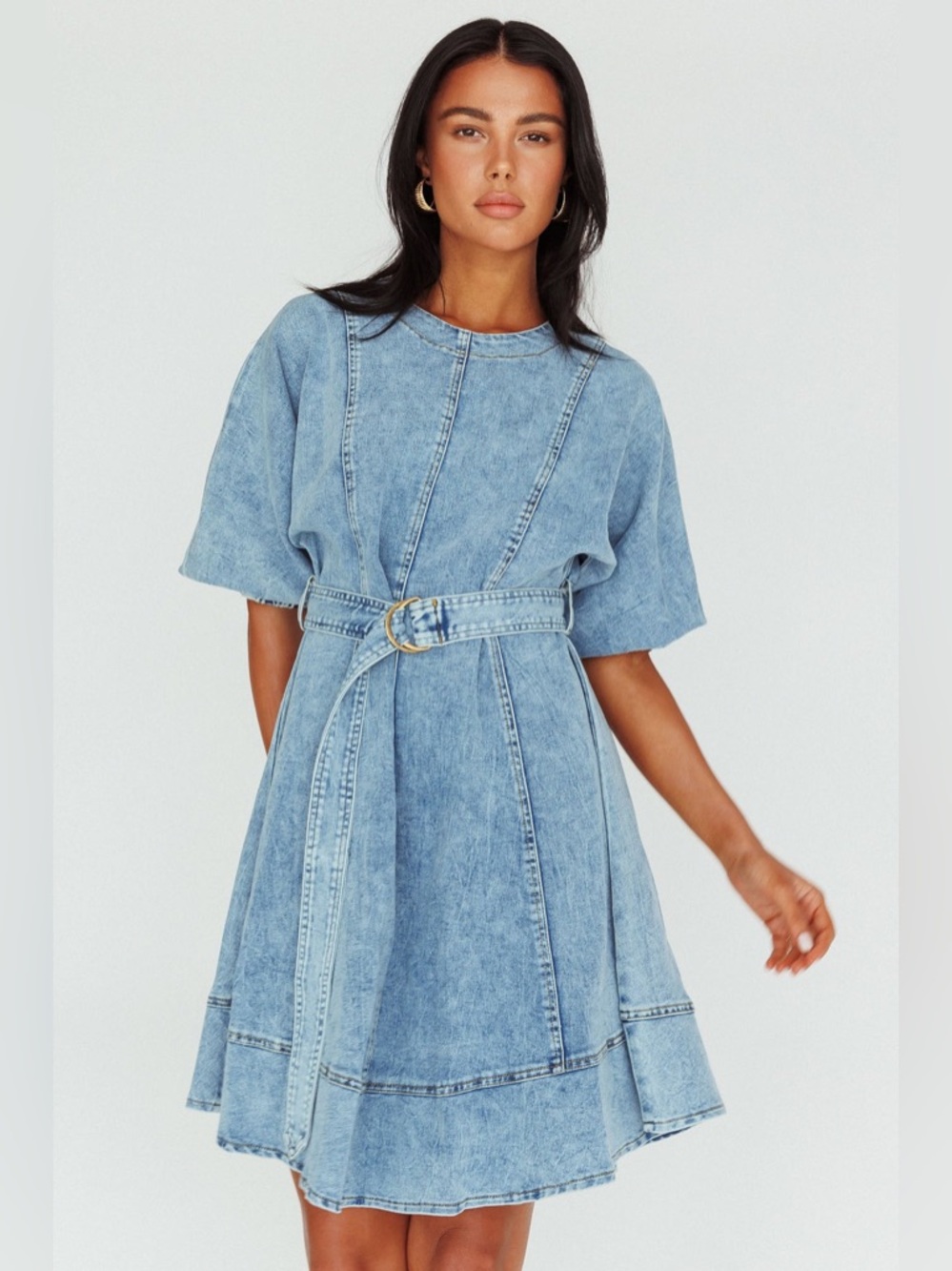 Mika Gala Cadijah Puff Sleeve Belted Mini Dress Washed Denim Blue